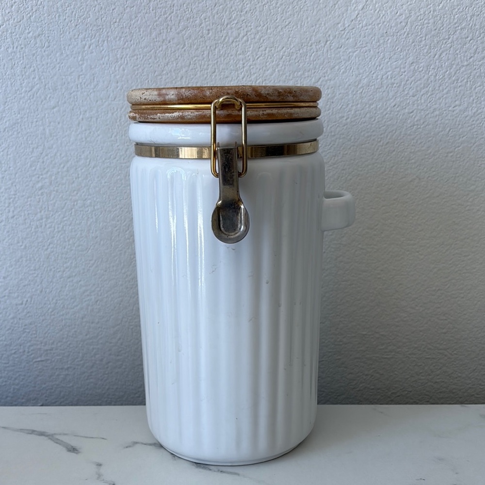 White Ceramic Canister with Wooden Lid